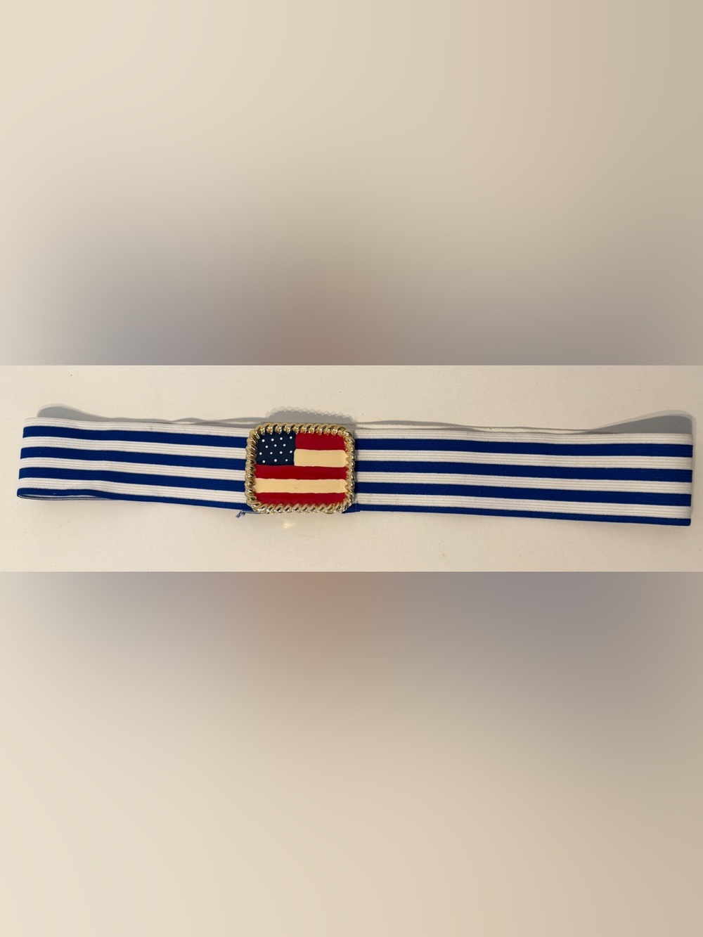 Vintage 70s 80s American Flag Elastic Stretch Belt Gold Rope Buckle Retro